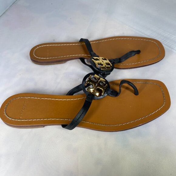 Tory Burch Mini Miller Black Leather Logo Thong Sandals 9 - Picture 1 of 3